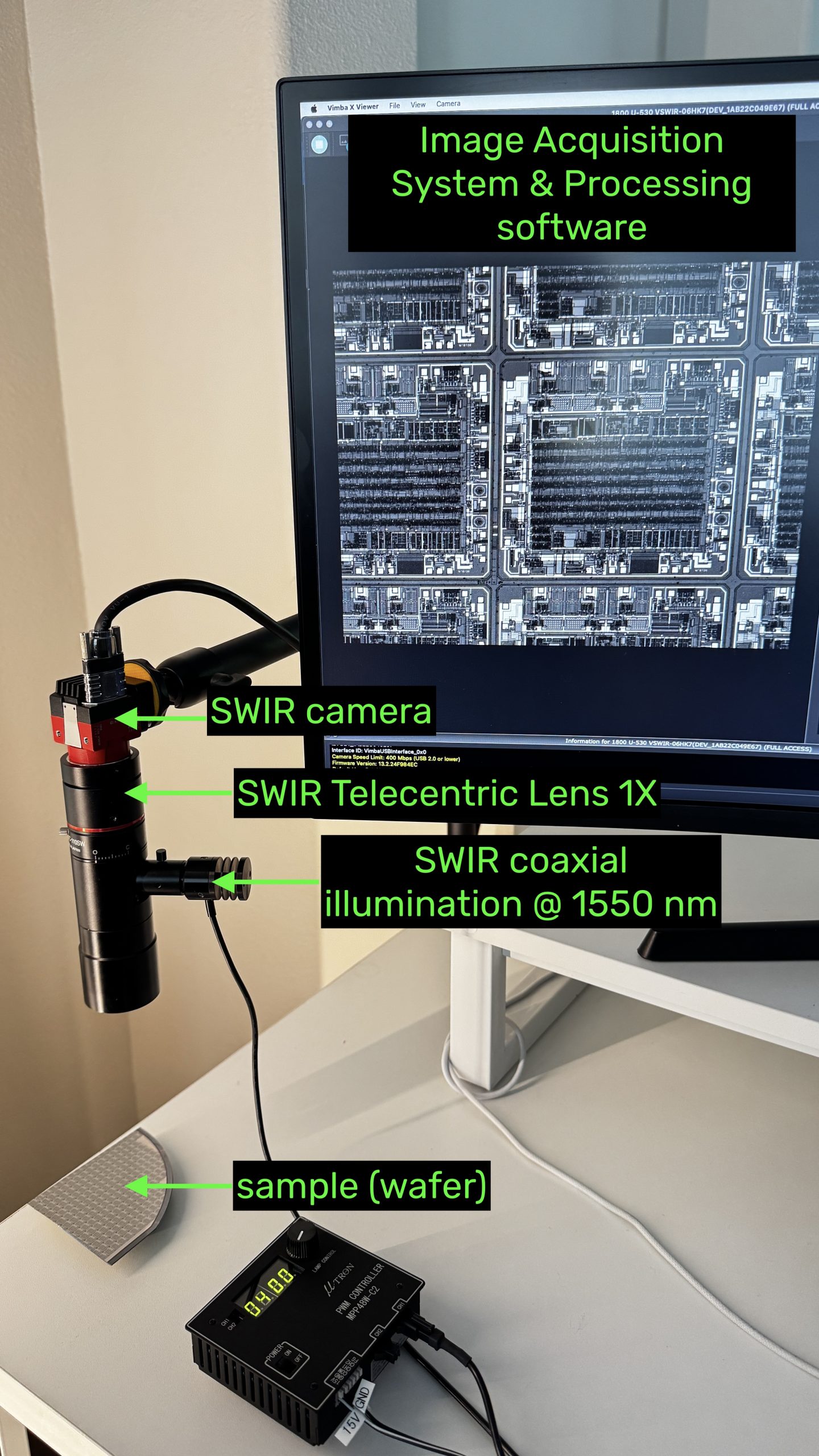 SWIR Vision system comprised of a swir camera, swir telecentric lens and swir led illumination