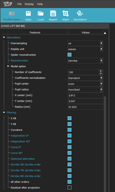 screenshot from Waveview software from Imagine Optic showing the filtering of Zernike coefficients